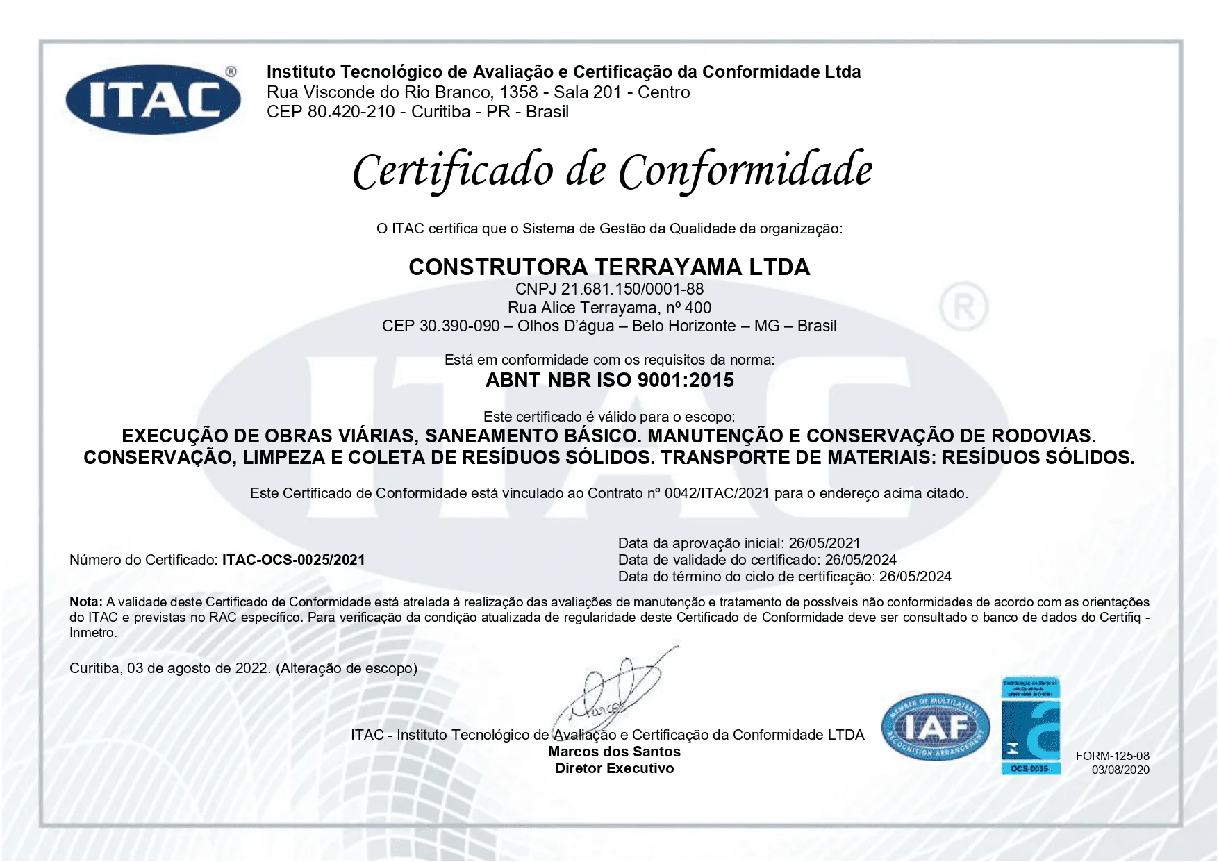 CERTIFICADO DE QUALIDADE ISO-9001:2015